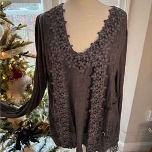 POL Charcoal Floral Embroidered Blouse